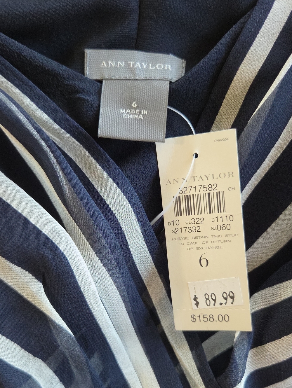 Ann Taylor 100% Silk Navy and White Striped V-Neck Dress Women's 6 NWT - Picture 4 of 16